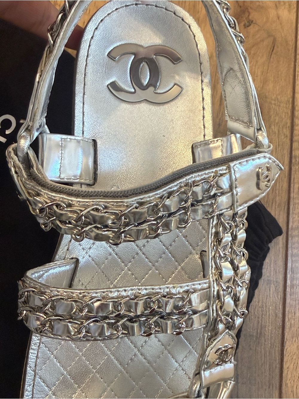 CHANEL Silver Quilted Leather Chain-Strap Sandals - Picture 4 of 6